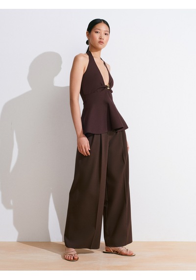 Dilvin 10787 Halter Yaka Metal Detaylı Peplum Triko Bluz-kahve Kahve