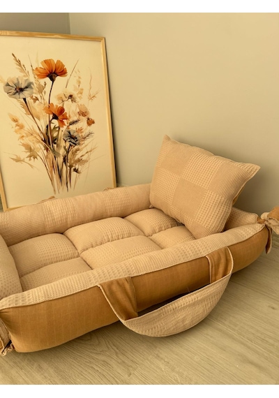 %100 Pamuk Çift Katlı Çift Kullanımlı Anne Yanı Yatağı Kahve 40 x 90 x 10 CM