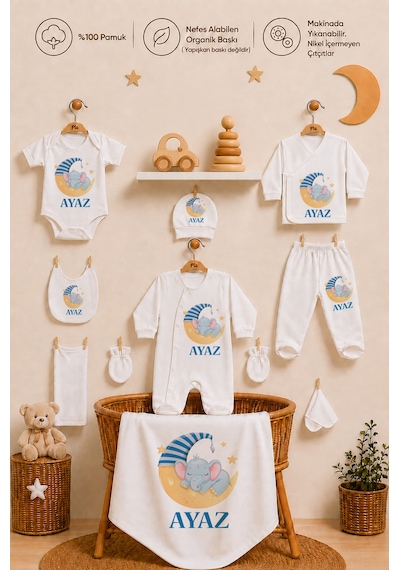Pia Baby Erkek Bebek Yeni Doğan Hastane Çıkışı 10 Parça İsimli %100 Pamuk Organik Baskılı Set 201910yx Ekru