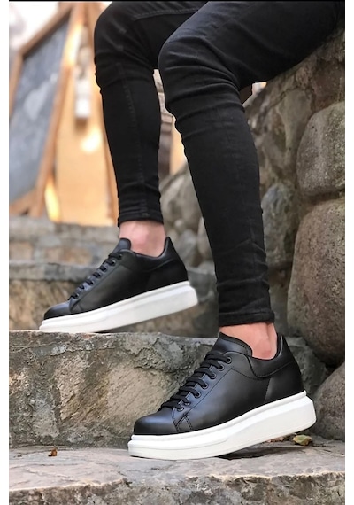 Kadın Erkek Unisex Bağcıklı Deri Yüksek Tabanlı Rahat Günlük ... Siyah - Beyaz - Gri