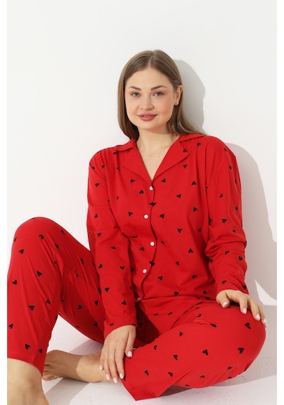 Siyah İnci Curve Büyük Beden Battal Boy Düğmeli Pamuklu Pijama Takımı 7617 Kırmızı Siyah İnci Curve Büyük Beden Battal Boy Düğmeli Pamuklu Pijama Takımı 7617 Kırmızı