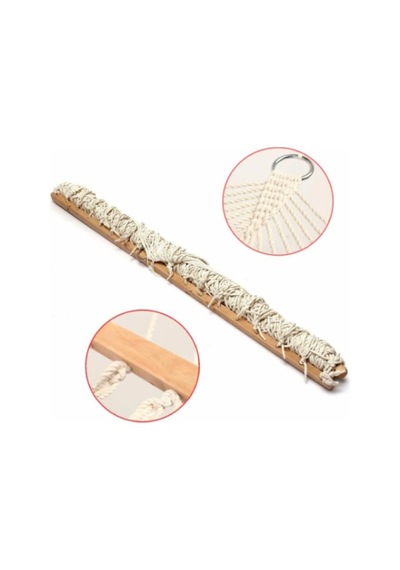 Makrome İp Lüks Tek Kişilik Hamak 150 Kg Taşıma Kapasiteli & Ahşap Çıtalı Bahçe Hamağı Açık Bej