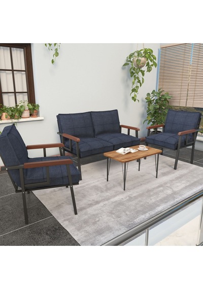 Mygusi Modern Balkon, Bahçe, Cafe - Metal Kanepe Koltuk Takımı - 2+1+1 Sehbalı Lacivert