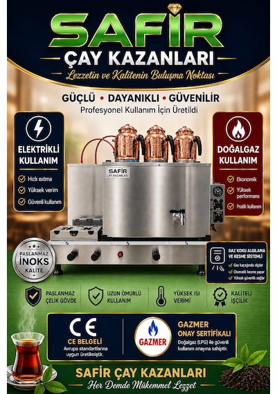 Safir 3 Gözlü İnoks Çay Kazanı Elektrikli Ve Doğalgazlı Termokulp Ventil Gaz Vanası Sistemli Ce Belgeli Gazmer Açılış Onaylı Inox Çay Ocağı Kazanı