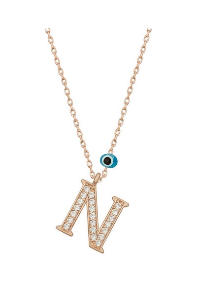 925 Ayar Gümüş Nazar Rose N Harfi Kadın Gümüş Kolye Rose Gold