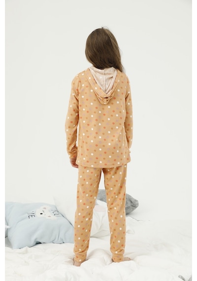 Siyah İnci Kapüşonlu Alt Üst Polar Pijama Takım Desenli