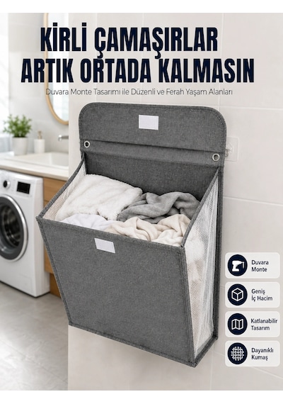 Mey İthalat Banyo Ve Çamaşır Odası İçin Duvara Asılan Katlanabilir Çamaşır Sepeti Çok Renkli