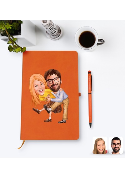 Kişiye Özel Sevgililer Karikatürlü Turuncu Termo Deri Defter Kale N11.2266