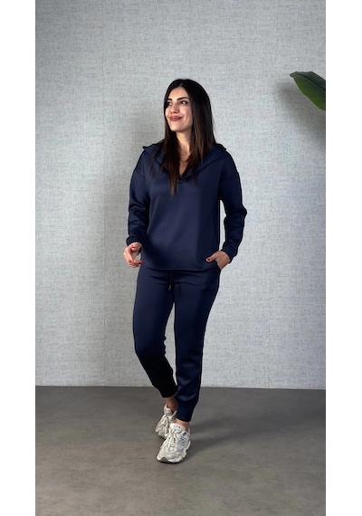 Defymoda Kadın Uzun Kollu Kapüşonlu Ikili Takım Mavi