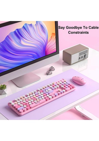 Renkli Daktilo Tarzı Vintage Mekanik Klavye Mouse Pc Laptop Uyumlu Kablosuz