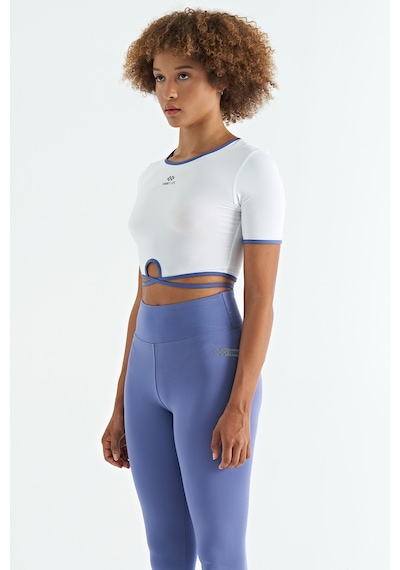 Tommy Life Beyaz Bel Bağlama Detaylı O Yaka Standart Kalıp Dalgıç Kumaş Kadın Crop T-shirt - 97266 Beyaz