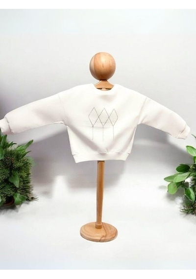Kız Çocuk Mevsimlik Pamuklu İki İplik Zincirli Sweatshirt-15447 Ekru