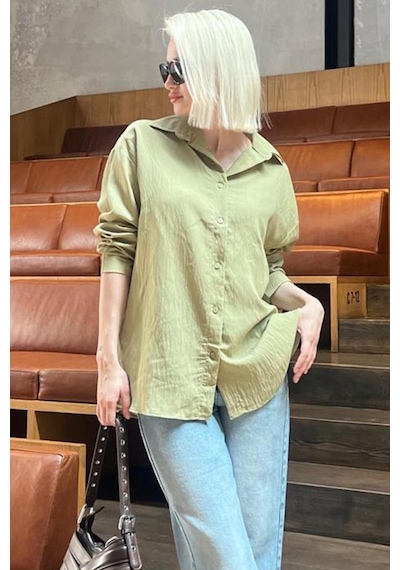 Madmext Haki Uzun Kollu Çizgili Oversize Gömlek Mg2080-haki Haki