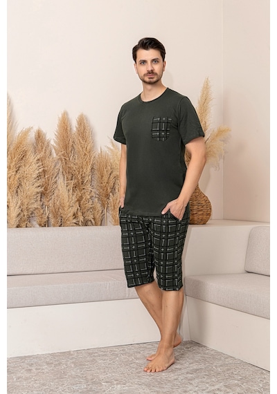 Nisanca Sportif %100 Pamuk Şortlu Erkek Pijama Takımı Haki