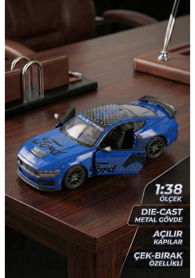 Kinsmart 2024 Ford Mustang Dark Horse 1:38 Çek Bırak Metal Model Araba Mavi - Özel Livery Seri
