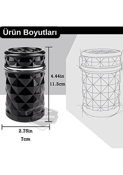 Üniversal Kristal Pırlanta Taş Görünümlü Mavi Led Işıklı Lüx Oto Küllük Kapaklı Spor Araç İçi Küllük Araba Küllüğü Siyah