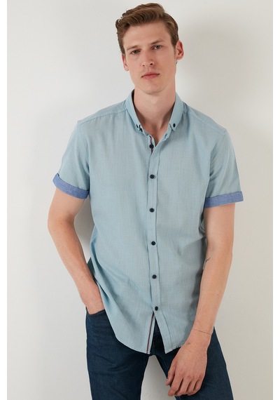 Buratti Pamuklu Slim Fit Düğmeli Yaka Kısa Kollu Erkek Gömlek Cf21S112546 Aqua