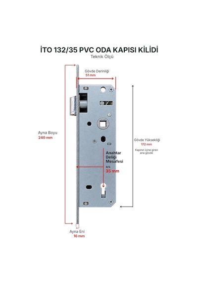 İto Kilit 132/35 Gömme PVC ve Ahşap Oda Kapısı Kilidi -