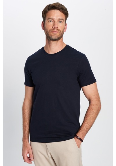 Tudors Unisex Slim Fit Dar Kesim %100 Pamuk Yumuşak Dokulu Lacivert Bisiklet Yaka Tişört-31081 Lacivert