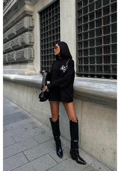 Kadın Siyah Dokuma Oversize Uzun Kollu Sweatshirt Siyah