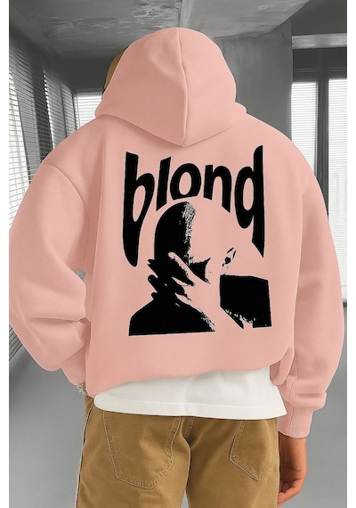 Benroma 3 İplik Penye Blond Baskılı Ünisex Kapüşonlu Sweat Pembe