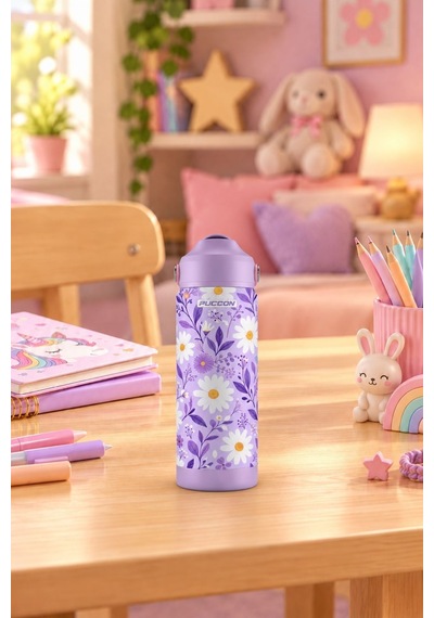 Puccon 540 Ml Papatya Desenli Beyaz - Lila Kız Çocuk Pipetli Çelik Termos Matara/suluk - 60057