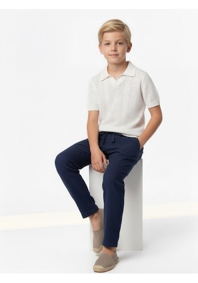Zekids Erkek Çocuk İnce Triko Yakalı Tasarım T-shirt-17167 Beyaz