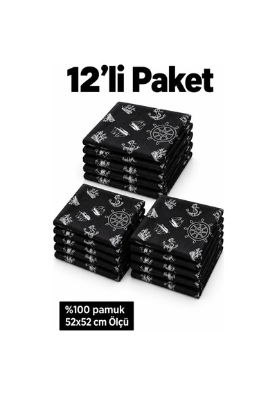 Herşeynota 12 Li Siyah Denizci Desenli Fular Seti %100 Pamuk 52x52 Cm Günlük Kullanım Etkinlik Aksesuarı Çok Renkli