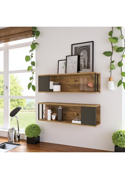 Robin Home Mutfak Rafı Duvar Rafı Kitaplık 2'li Se Ahşap - Antrasit