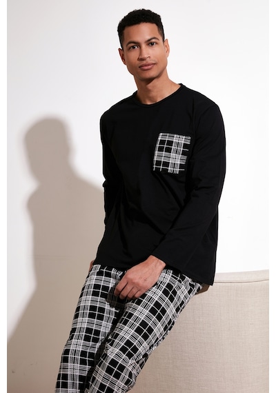 Buratti Ekoseli Cepli Beli Lastikli % 100 Pamuk Regular Fit Erkek Pijama Takımı 6572001 Siyah-Beyaz