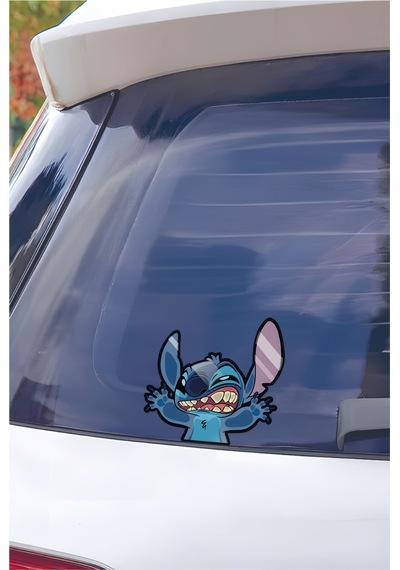 Cama Yapışmış Stitch Sticker 13,5x13 Cm Su Geçirmez Hq Araba Laptop Oto Motor Kask Sticker