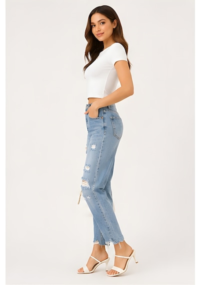 Lili Woman Kadın Yüksek Bel Yırtık Detaylı Mom Fit Jean Pantolon Ty.yjn01 Mavi