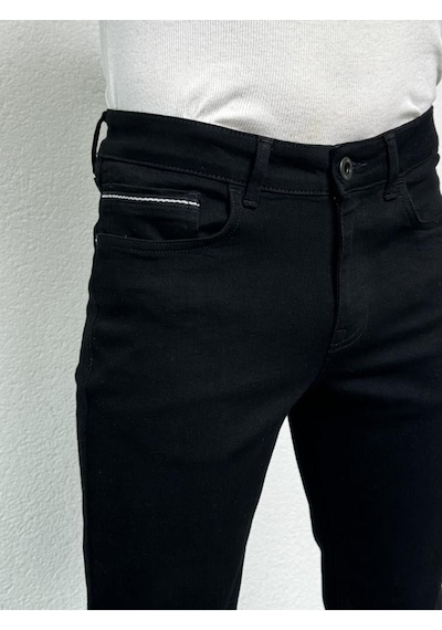 HLT Jeans Siyah Şeritli Erkek Model Regular Fit Rahat Kesim Esnek Likralı Denim Jeans Kot Pantolon 001