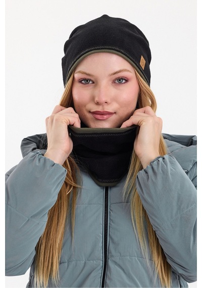 Butikgiz Kadın Dış Kısım Polar, İç Kısım Kaşkorse Pamuklu, Çift Renk, Çift Kat, Katlanabilir Bere Boyunluk Set Siyah-haki