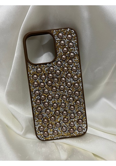 Apple iPhone 14 Pro Max Uyumlu Taşlı Kılıf Kahverengi