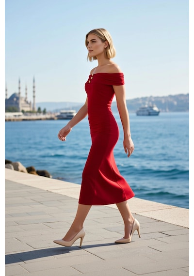 Benerly Kadın Midi Elbise Carmen Yaka Kolsuz Kalıp Örme Kumaş Düz Desen B Kırmızı