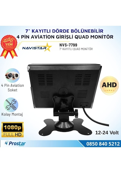 7 İnç Dörde Bölünebilir Kayıtlı Quad Monitör 4 Pin Aviation Girişli Ahd 1080p/720p/cvbs Analog Pal Ntsc 256gb Sd Kart Destekli