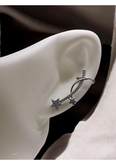 Yıldız Desenli Silver Earcuff Küpe Gümüş