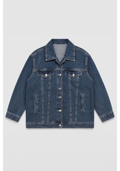 Kadın Mavi Pamuk Gömlek Yaka Oversize Jean Ceket