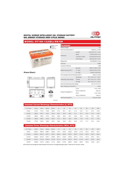 Akü Outdo Ot100-12 A-plus Ekranlı Ds-ıgel Energy Storage Deep Cycle Vrla Gel/ds/cd-a 10hr
