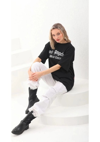 Freedom Storee Kadın Baskılı Tişört Kısa Kol Bisiklet Yaka Oversize T-shirt - Siyah Çok Renkli