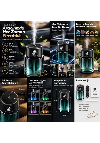 R8poınt Araç Koku Difüzörü Hava Nemlendiricisi 160 Ml Akıllı Aroma Atomizeri 200 Mah Şarjlı Type-c Led Işıklı 001