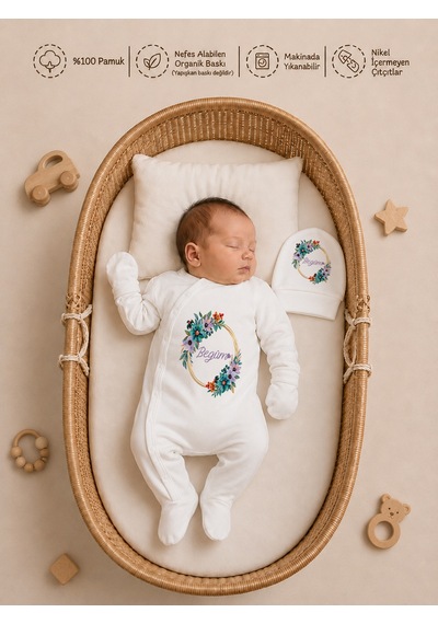 Pia Baby İsme Özel Kız Bebek Hastane Çıkışı 4 Lü Set %100 Pamuk Organik Baskılı Battaniyeli Tulum Seti 1026btyx Ekru