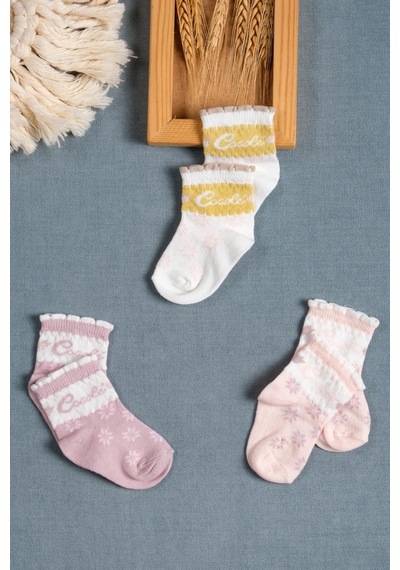 Cocole Socks Kız Çocuk Soket Çorabı 3 Lü Set Pamuklu Özel Logolu Seri & Çiçekli Desenli Çok Renkli