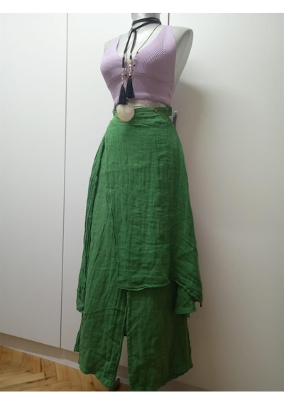 Bohem Stil İtalyan Ham Keten Pantolon Etek-8747 Yeşil