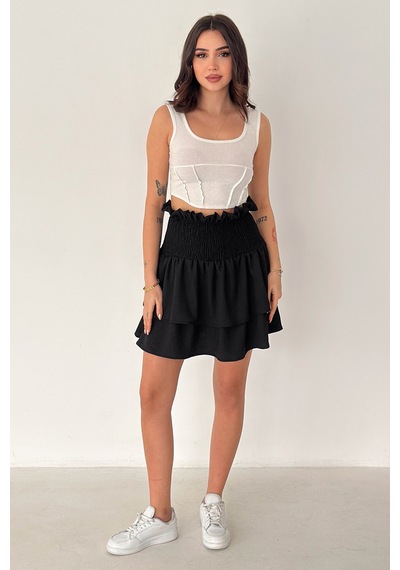 Kadın Katlı Smock Bel Mini Short Etek Summer Layers Siyah
