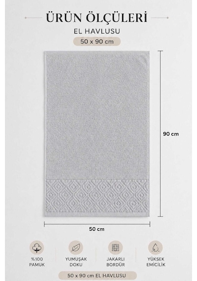 El Yüz Havlusu 50x90 Cm %100 Pamuk Kısmi Kadife Quadro Gri Diğer