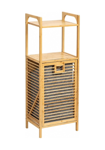 Bambu Çamaşır Sepeti, Raflı Ve Kapaklı, Çıkarılabilir Bezli, Banyo Organizeri, 40x30x95 Cm Çok Renkli