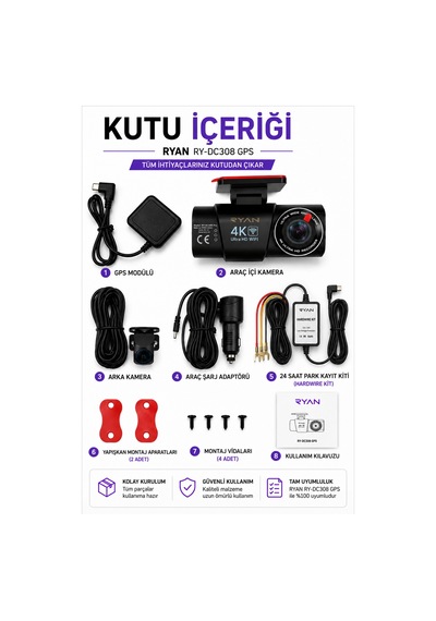 Bagajon Ryan Yapay Zeka Destekli 4k Ön 1080p Arka Araç Kamerası Wifi Gps, Gece Görüşü, G-sensor, Park Kiti