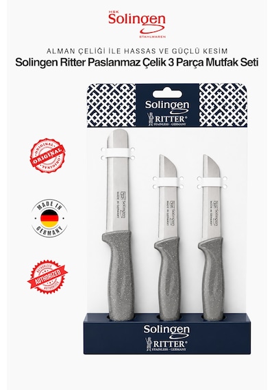 Solingen Ritter Gri 3'lü Keskin Mutfak Bıçağı Seti - Paslanmaz Alman Çeliği